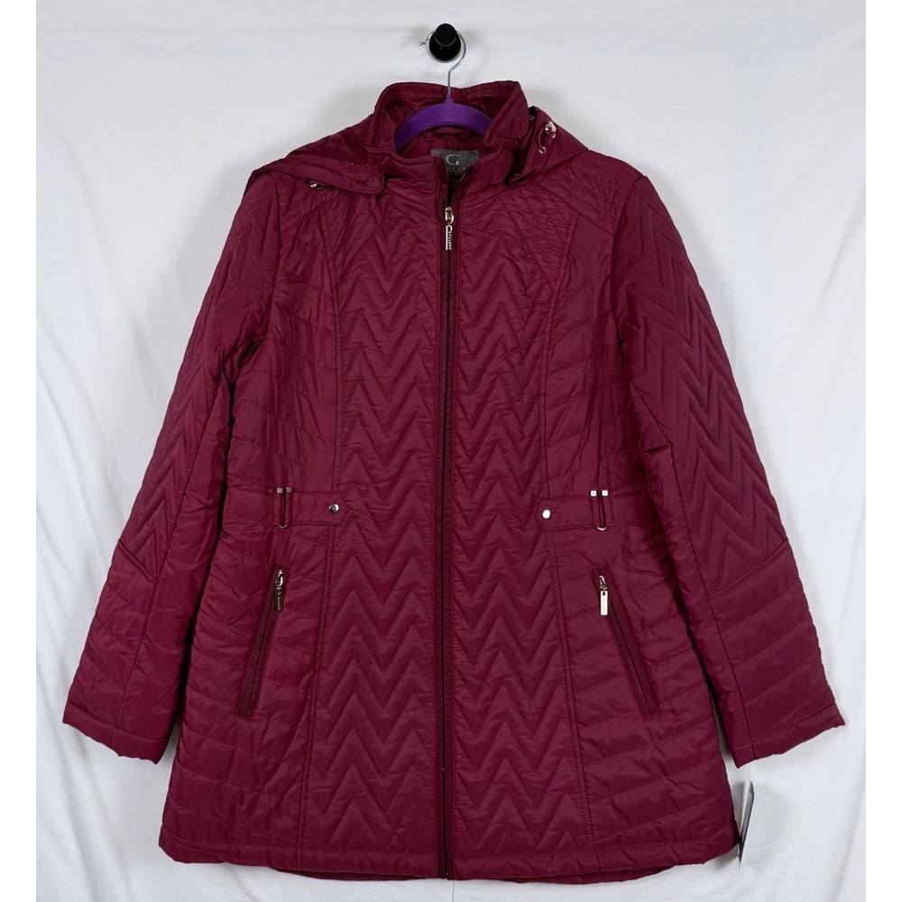 Gallery New York Women Quilted Puffer Jacket Maroon Large Removable Hood NWT